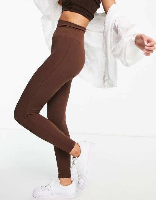 Stradivarius seamless ribbed leggings in chocolate brown, ASOS