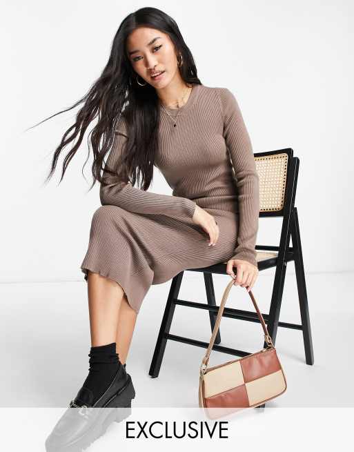 Stradivarius seamless ribbed midi dress in mushroom ASOS