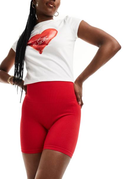 Stradivarius seamless ribbed short in red  - view 1