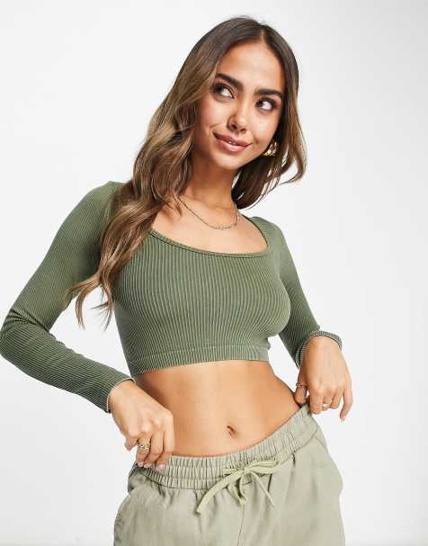 Stradivarius seamless scoop neck crop top in washed khaki 