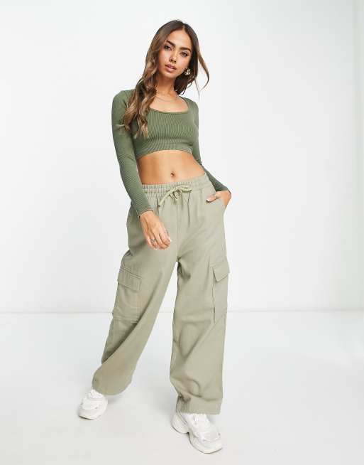 Stradivarius seamless scoop neck crop top in washed khaki , 3 of 4