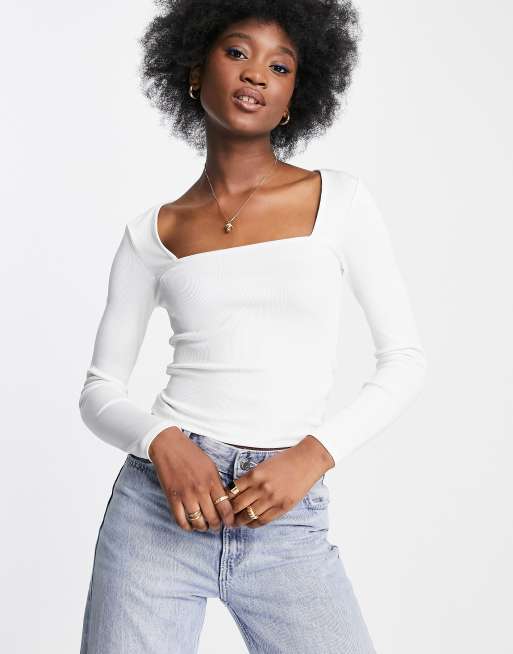 Stradivarius seamless square neck top in white