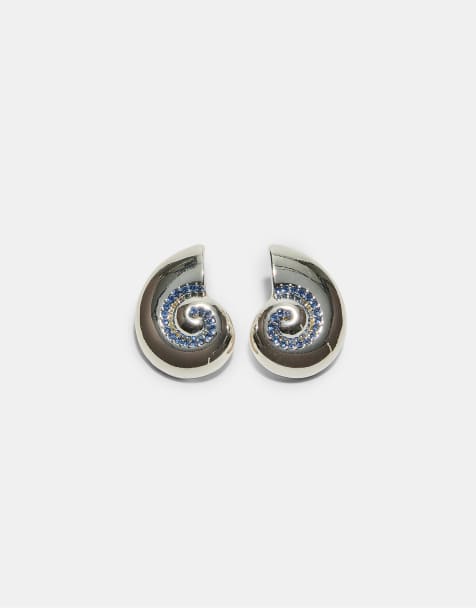 Stradivarius Seashell rhinestone earrings in grey - view 1