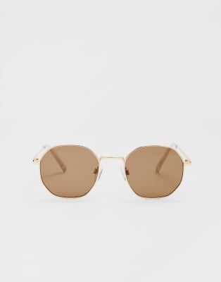 Stradivarius - Sechseckige Sonnenbrille aus Metall in Braun-Brown
