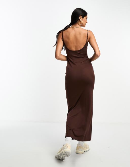 Stradivarius second skin cami maxi dress in bitter chocolate ASOS