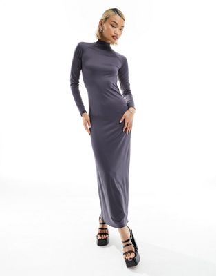 Stradivarius second skin maxi dress with open back in charcoal