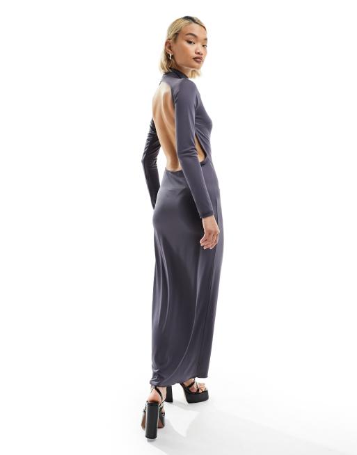 Stradivarius – Second Skin – Mörkgrå maxiklänning med bar rygg , 3 av 4
