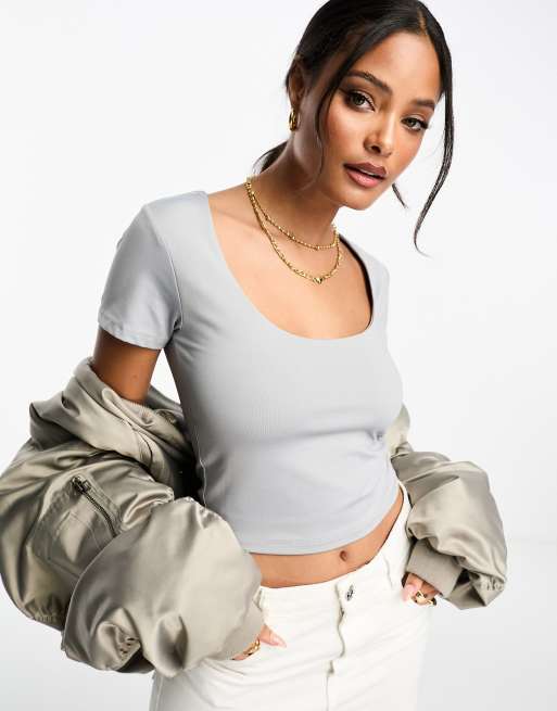 Stradivarius second skin scoop neck tee in gray