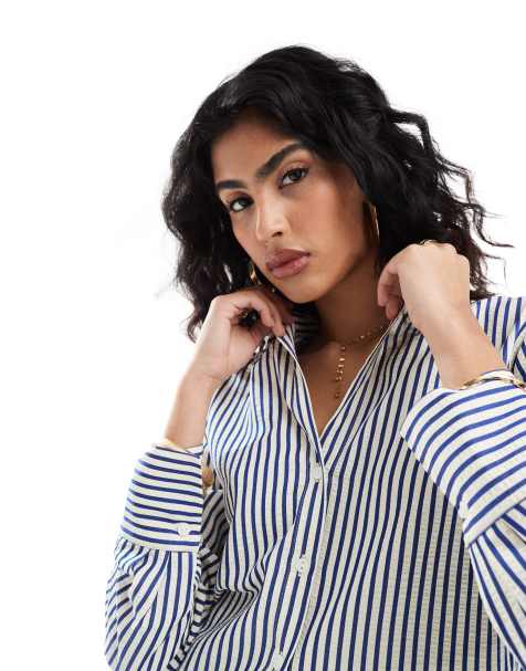 Stradivarius seersucker shirt co-ord in blue stripe - view 1