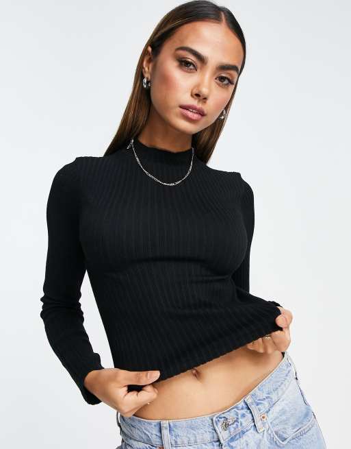 Only lettuce edge high neck ribbed top in brown