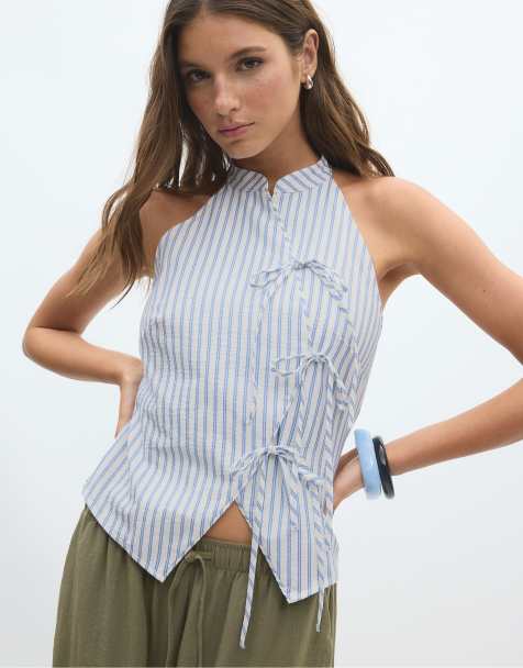 Stradivarius Semi-wrinkled knot qipao halter top in blue - view 1