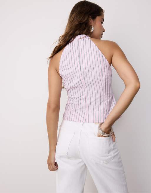 Stradivarius Semi-wrinkled knot qipao halter top in pastel pink, 4 of 4