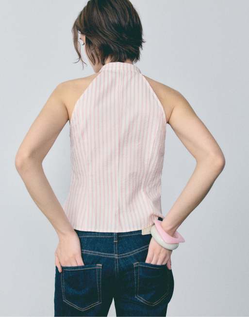 Stradivarius Semi-wrinkled knot qipao halter top in vanilla, 3 of 3