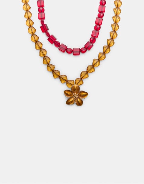 Stradivarius - Sennepsfarvede halskæder med perler og blomsterdesign i sæt med 2 stk - view 1