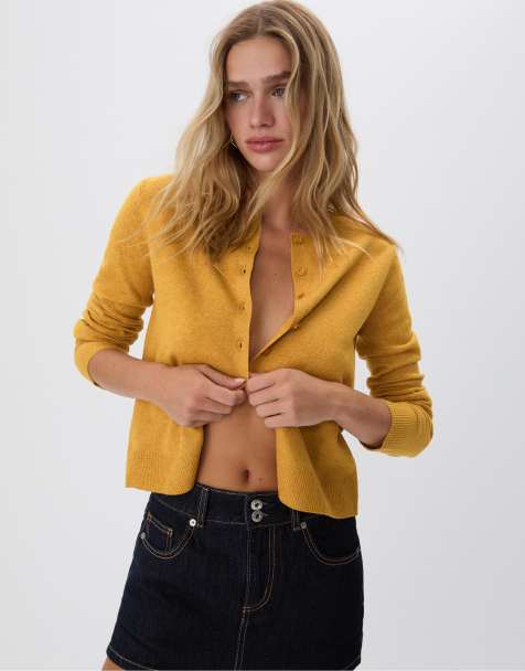 Stradivarius - Sennepsgul cardigan med knapper i blød strik - view 1