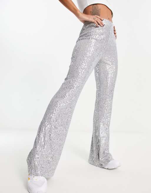 Silver-Dark Grey Diamante Stretch Flare Pants