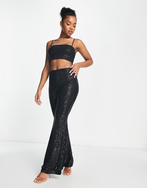 Stradivarius sequin crop top & pants set in black