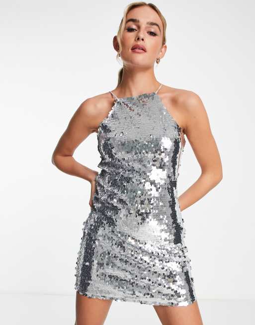 Stradivarius sequin mini dress in silver | ASOS