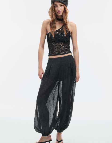 Stradivarius Sequin scarf top in black - view 1