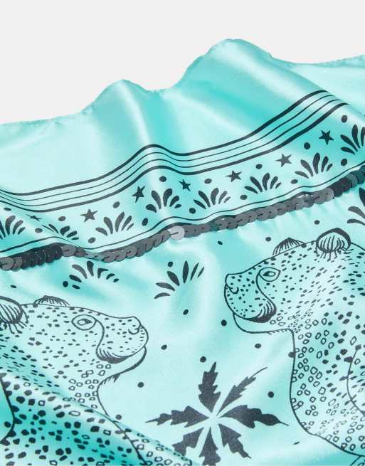 Stradivarius Sequined row print scarf in sky blue, 3 of 3