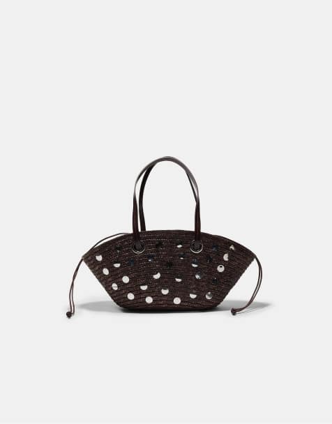 Stradivarius Sequinned basket shoulder bag in brown - view 1