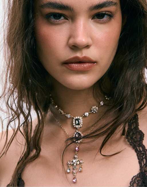 Stradivarius Set aus 2 Cross-Lariat-Halsketten in Khaki, 2 von 4