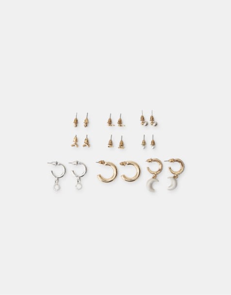 Stradivarius Set aus 9 Mond-Ohrringen in Metallmix - view 1