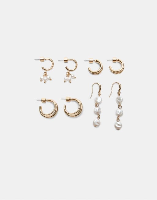 Stradivarius - Set con 4 orecchini color oro a cerchio e con perle sintetiche