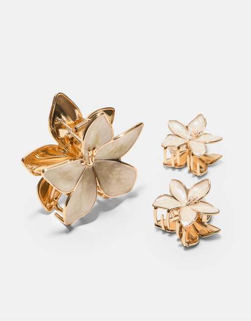 Stradivarius - Set da 3 clip per capelli écru a forma di fiori, 2 di 3