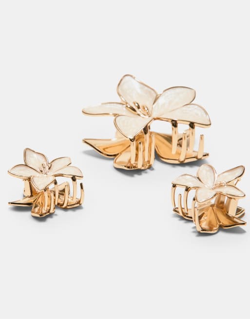 Stradivarius - Set da 3 clip per capelli écru a forma di fiori, 3 di 3
