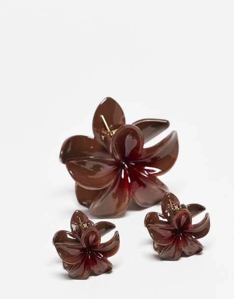 Stradivarius - Set da 3 fermagli per capelli marrone a fiore - view 1