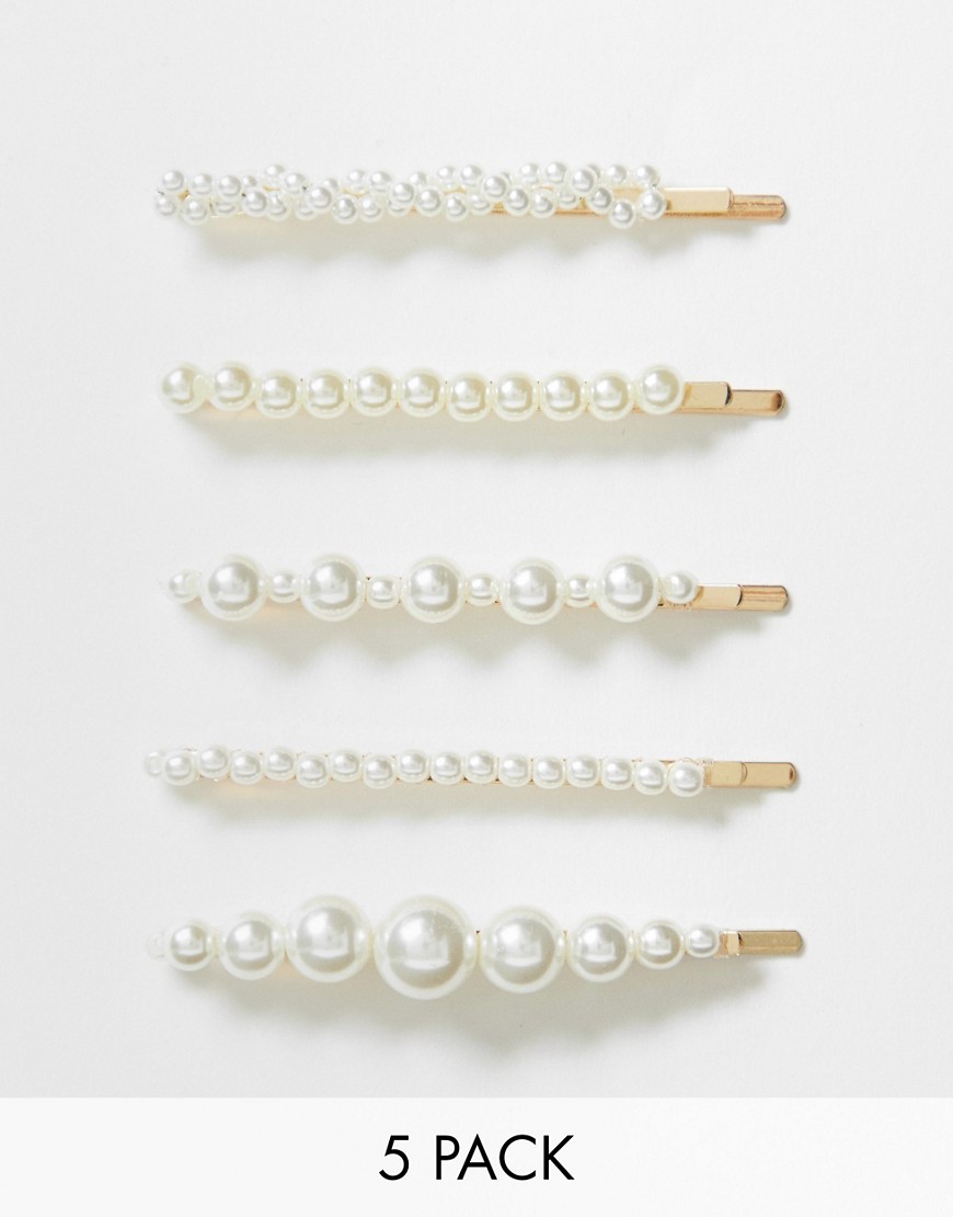 Stradivarius - Set da 5 fermagli per capelli con perle crema-Oro