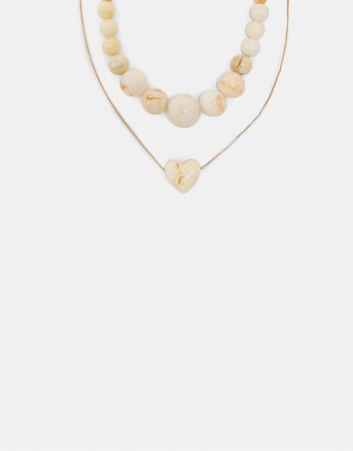 Stradivarius set di 2 collane con perline e a cuore color ecru, 1 di 4