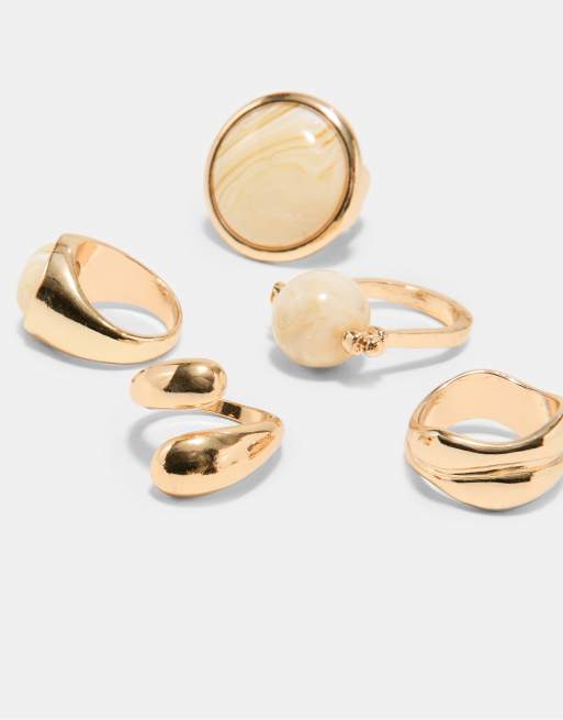 Stradivarius set di 5 anelli con perline color oro, 4 di 4