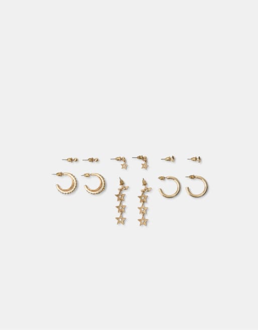 Stradivarius set di 6 orecchini a stella multipack color oro, 1 di 4