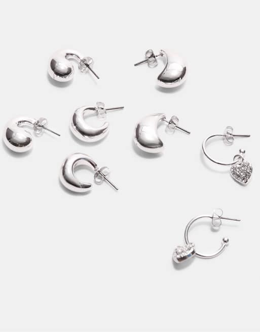 Stradivarius - Set di 9 orecchini a cerchio e a cuore grigi, 3 di 3