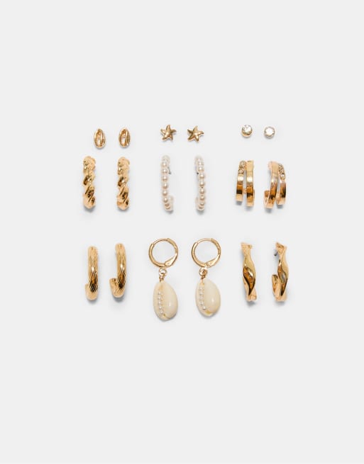Stradivarius - Set di 9 orecchini color oro con conchiglie