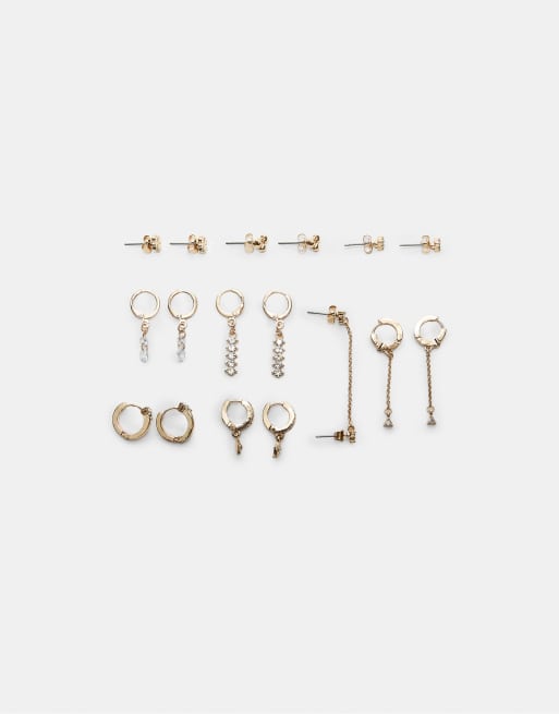 Stradivarius - Set di 9 orecchini color oro con strass e ciliegie