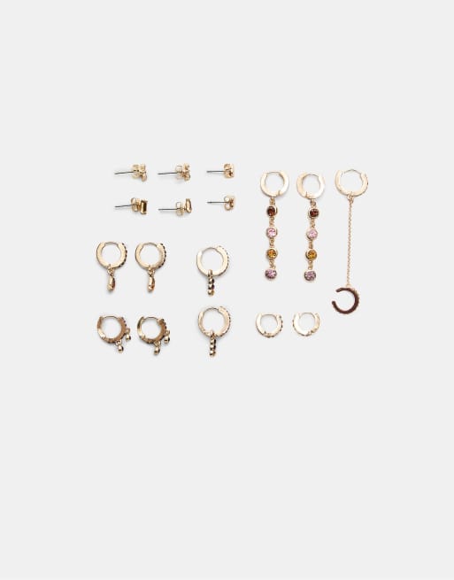 Stradivarius - Set di 9 orecchini color oro con strass multicolore
