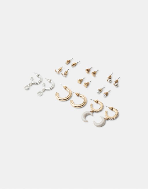 Stradivarius set di 9 orecchini luna in metallo misto, 4 di 4