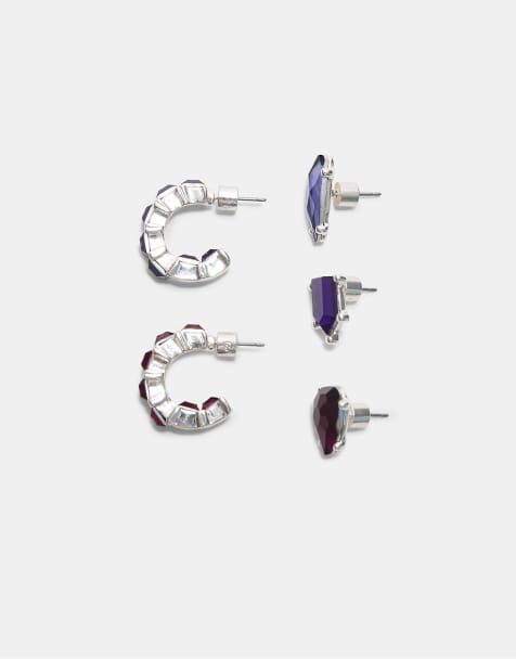 Stradivarius - Set grigio con orecchini a cerchio ed ear cuff con strass - view 1