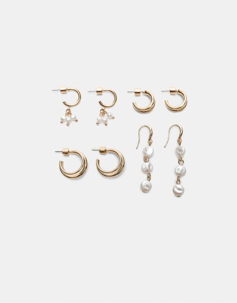 Stradivarius – Set med 4 guldfärgade creoler och pärlörhängen - view 1