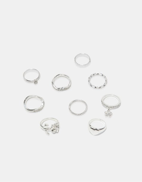 Stradivarius set med 9 ringar med rosor och strass i grått - view 1