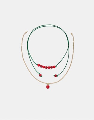 Stradivarius - Set mit 2 Halsketten in Rot mit Tomaten-Verzierungen