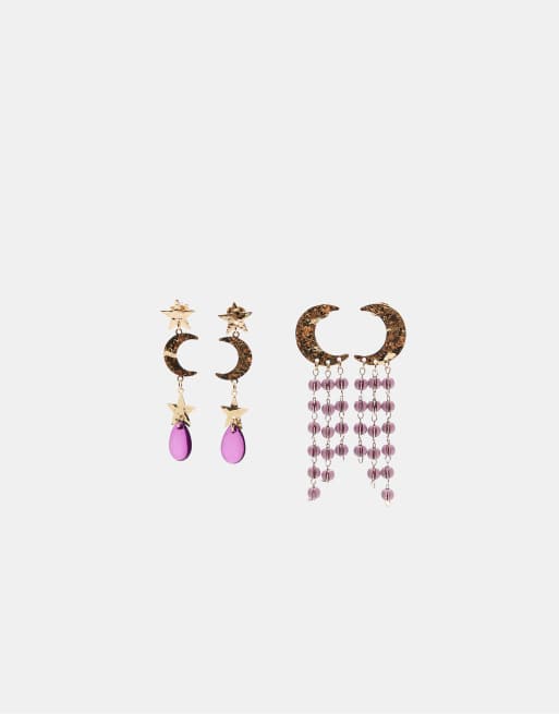Stradivarius – Set mit 2 Paar Hängeohrringe in Gold-Optik mit Mond- und Perlenverzierung