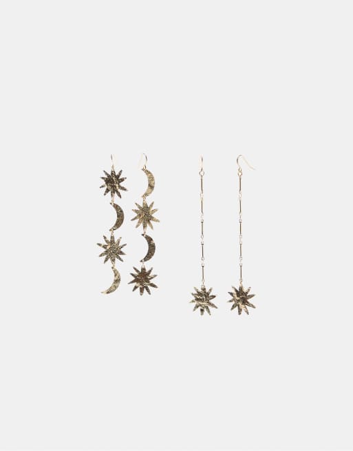 Stradivarius – Set mit 2 Paar Hängeohrringe in Gold-Optik mit Mond- und Sonnendesign