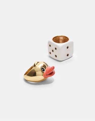 Stradivarius - Set mit 2 Ringen in Weiß mit Würfel- und Enten-Design