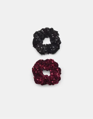 Stradivarius - Set mit 2 Scrunchie-Haargummis aus Samt in Schwarz mit Paillettenbesatz