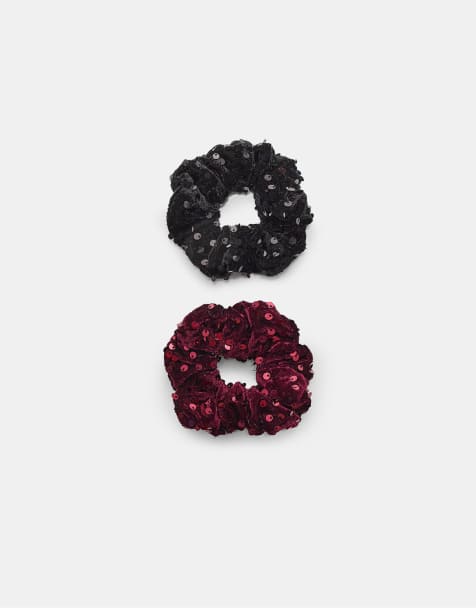 Stradivarius – Set mit 2 Scrunchie-Haargummis aus Samt in Schwarz mit Paillettenbesatz - view 1
