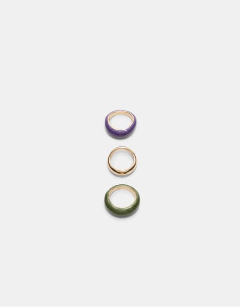 Stradivarius – Set mit 3 emaillierten Ringen in Grün mit kontrastierendem Design - view 1